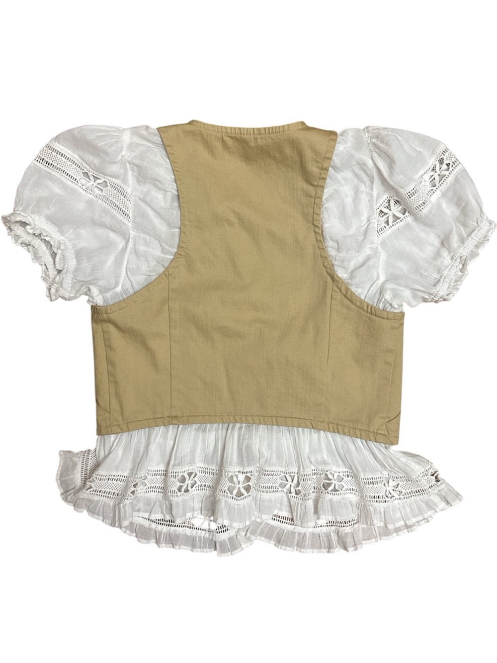Anthropologie Beige Button-Front, Eyelets Puff Sleeve Top - Picture 6 of 8